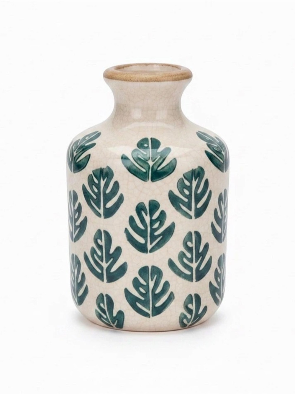 Leaf Pattern Ceramic Vase in White & Green